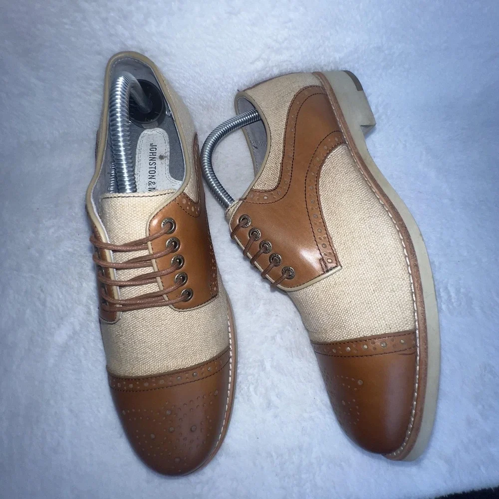 Johnston & Murphy Shoes Mens 8.5 Brown Canvas Cap Toe Derby Dress Oxfords Casual